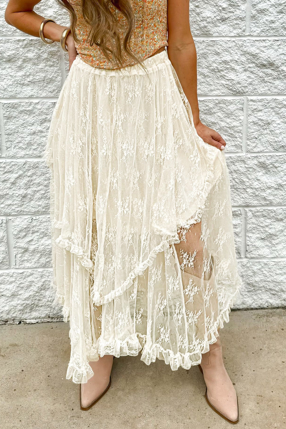 Beige Lace Cascading Tiered High Waist Maxi Skirt - XL Beige Lace Cascading Tiered High Waist Maxi Skirt - XL