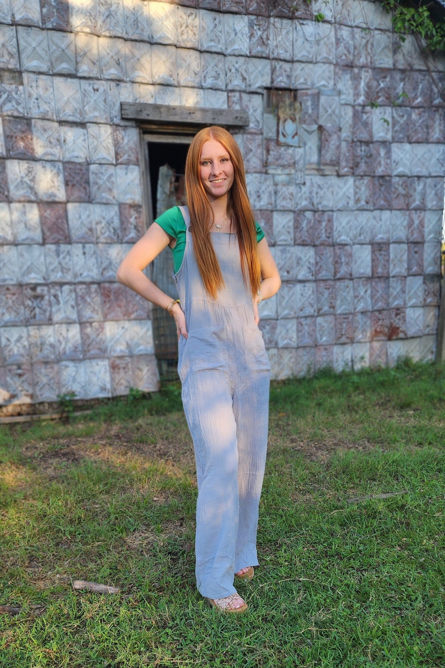 Gray Textured Wide Leg Overall with Pockets