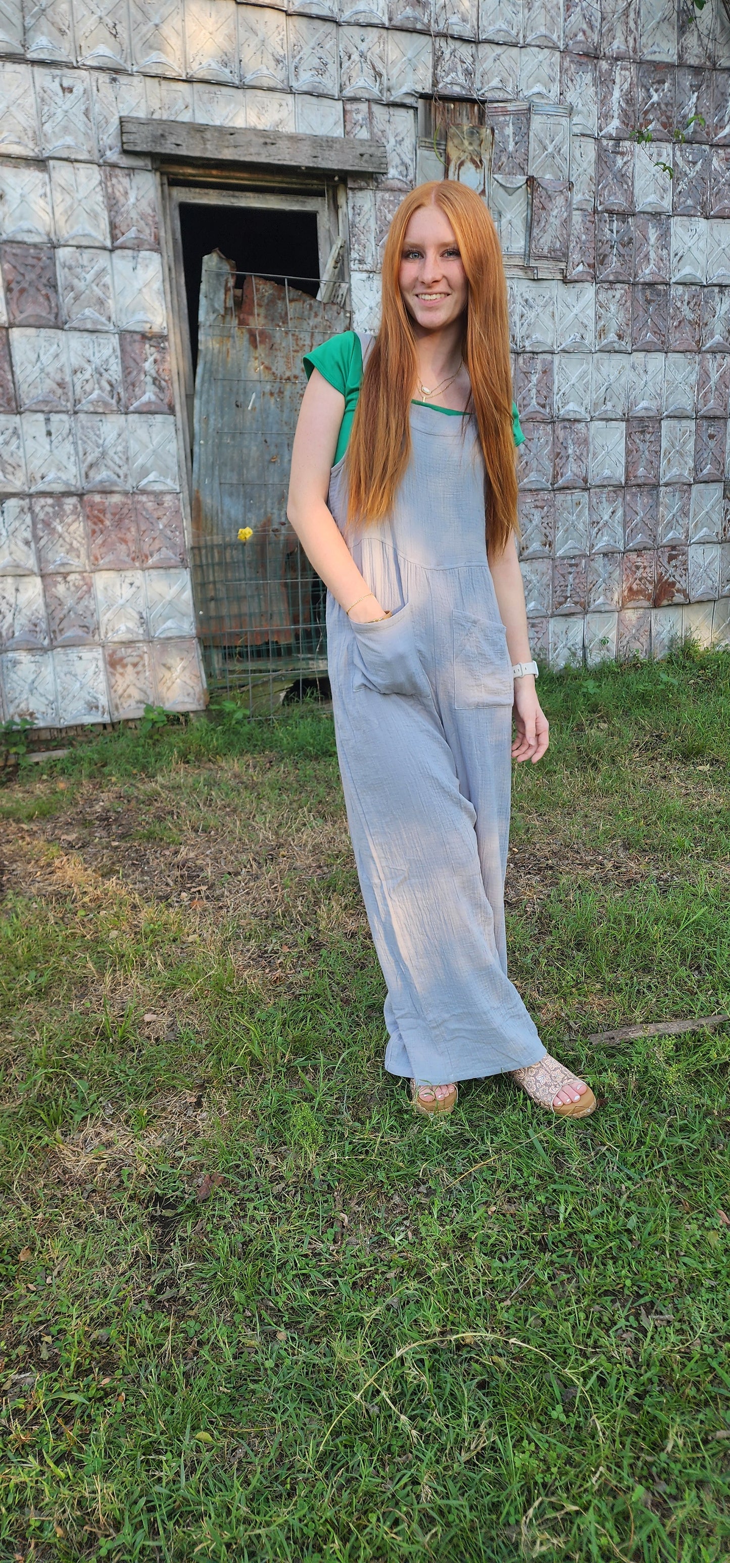 Gray Textured Wide Leg Overall with Pockets