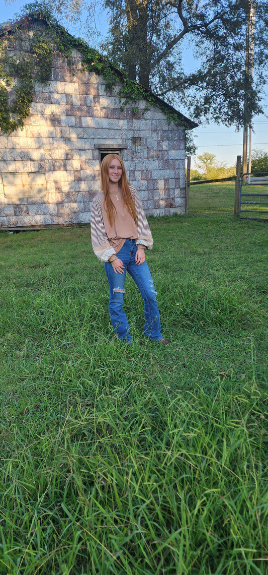 Light French Beige Floral Striped Patchwork Loose Long Sleeve Top