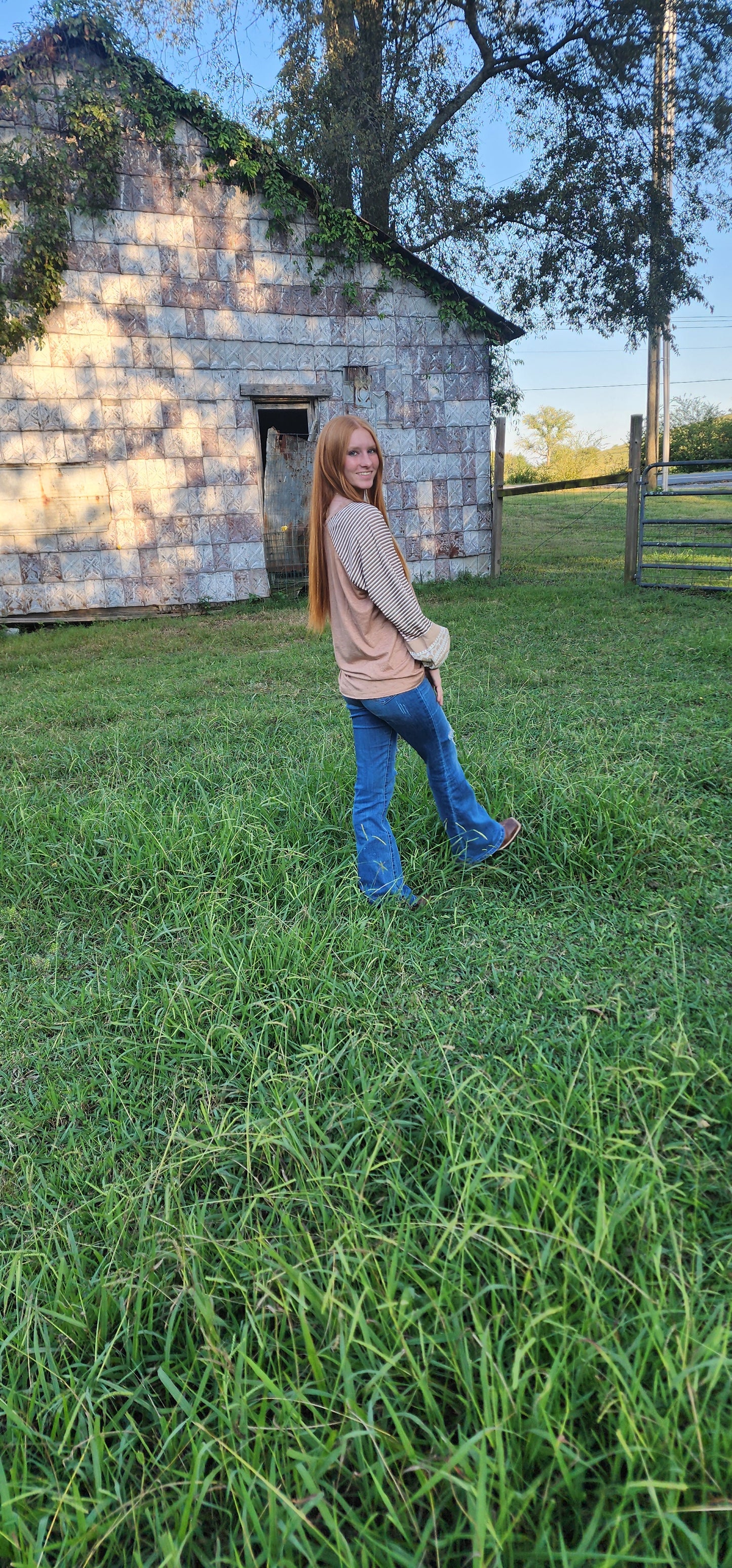 Light French Beige Floral Striped Patchwork Loose Long Sleeve Top