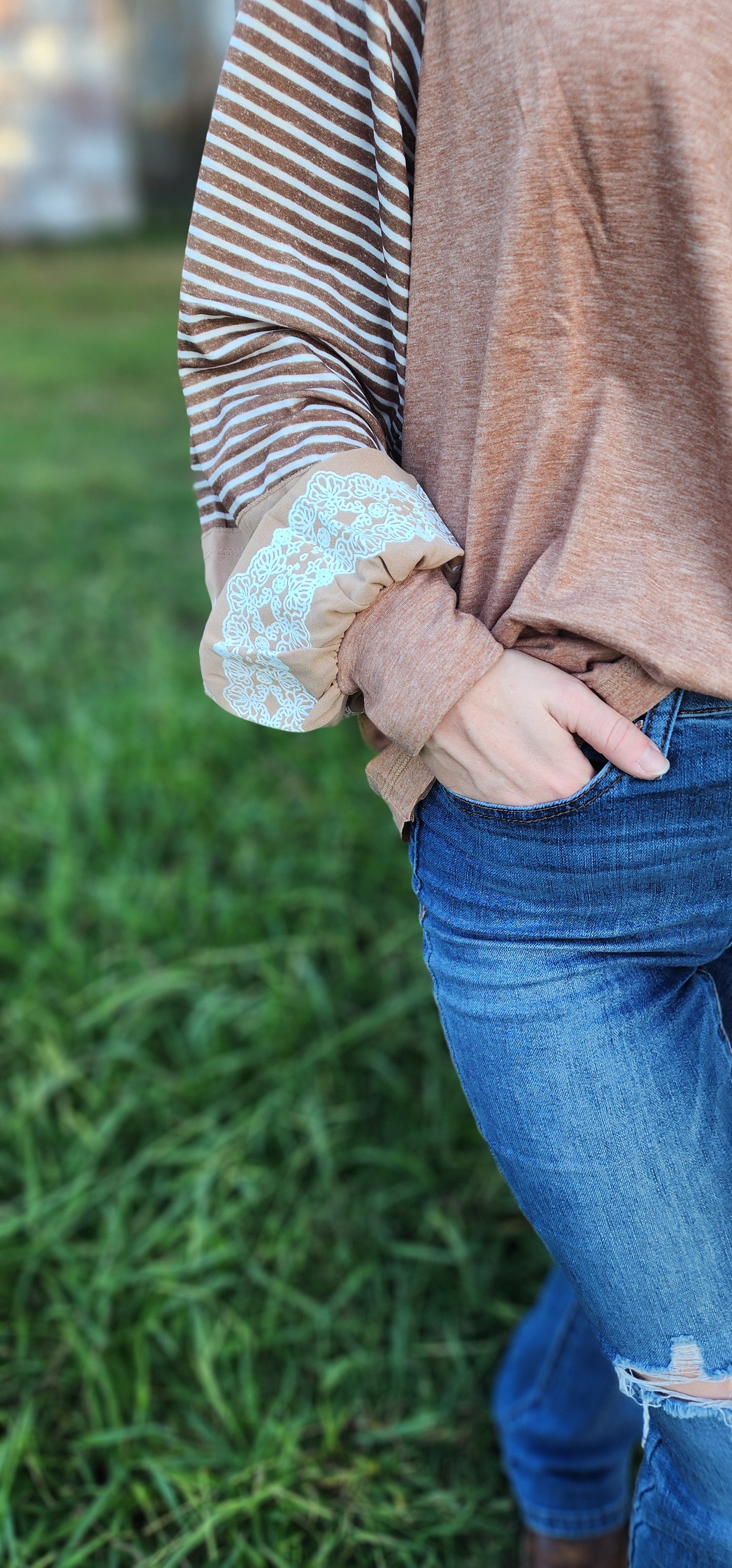 Light French Beige Floral Striped Patchwork Loose Long Sleeve Top