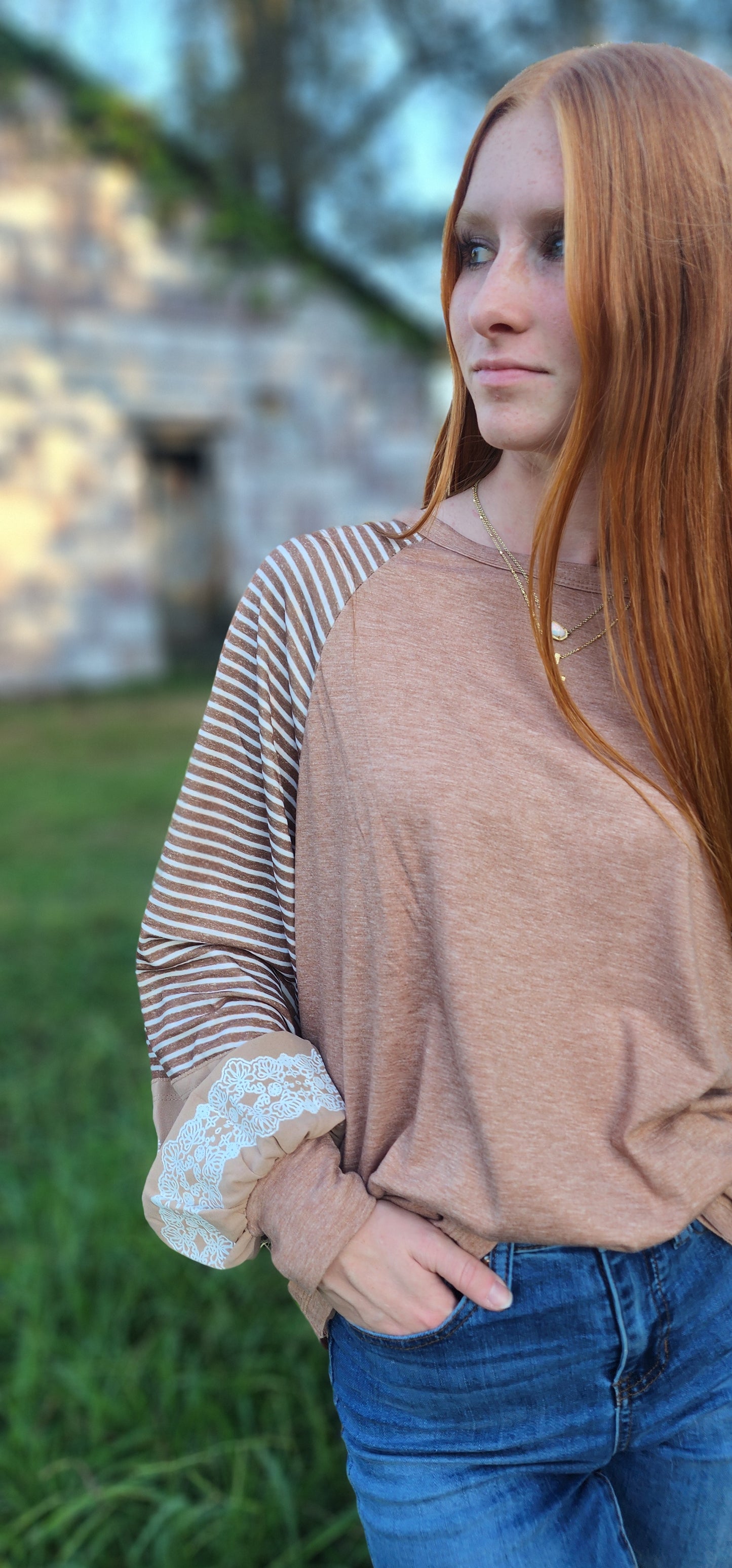 Light French Beige Floral Striped Patchwork Loose Long Sleeve Top