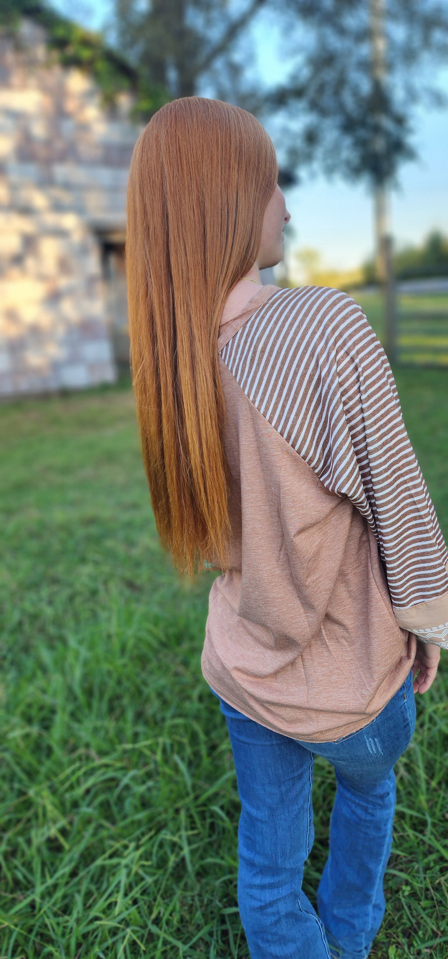 Light French Beige Floral Striped Patchwork Loose Long Sleeve Top