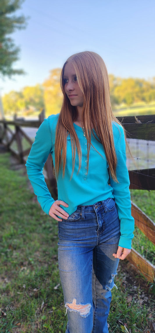 Sky Blue Waffle Knit Long Sleeve Buttoned Henley Top