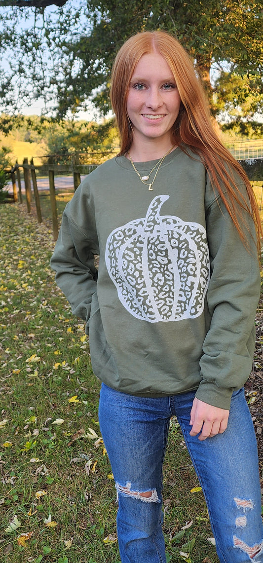 White Leopard Pumpkin, Military Green Sweatshirt