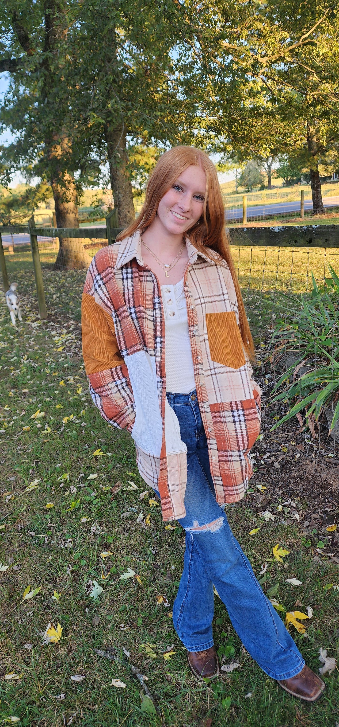 Orange Plaid Color Block Patchwork Shirt Jacket with Pocket