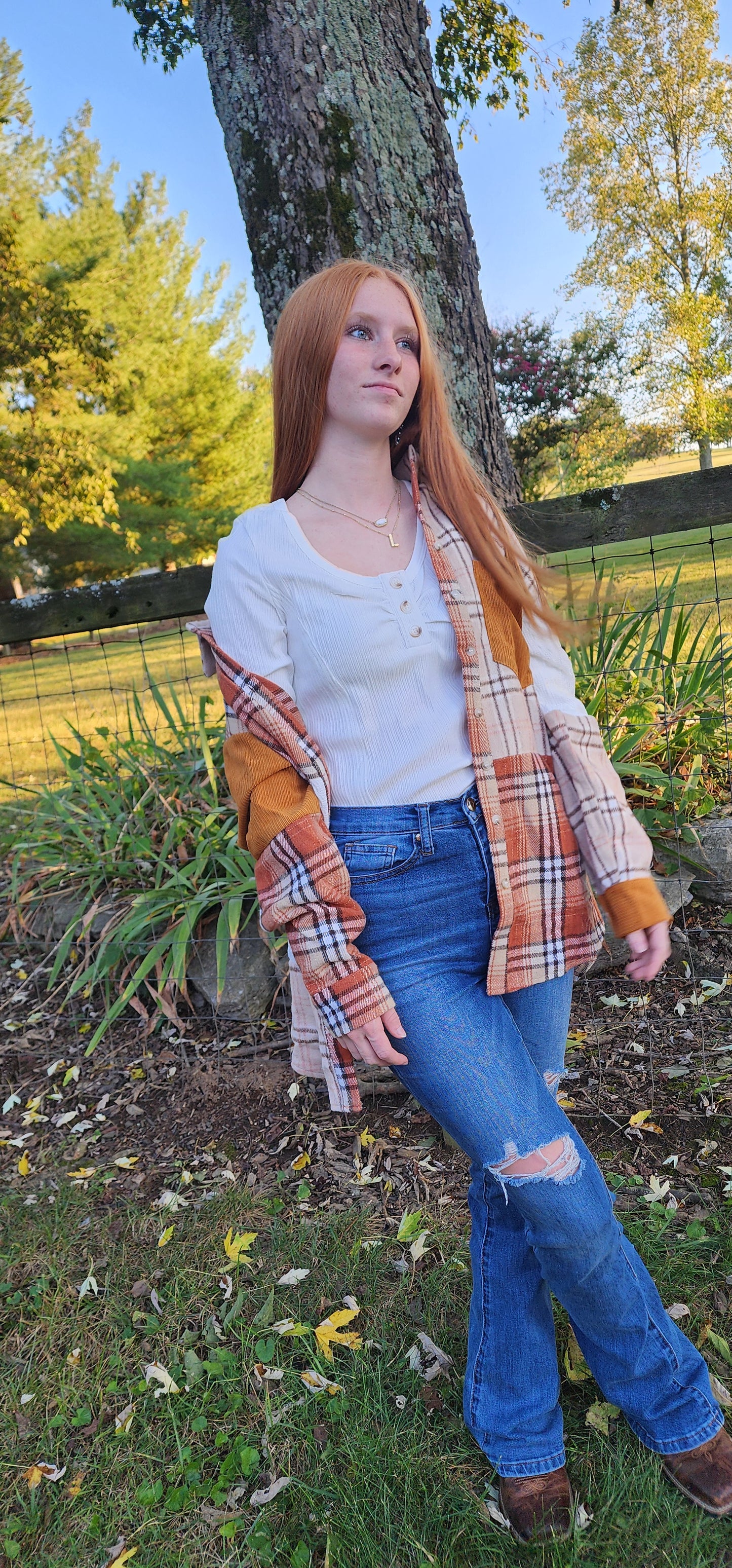 Orange Plaid Color Block Patchwork Shirt Jacket with Pocket