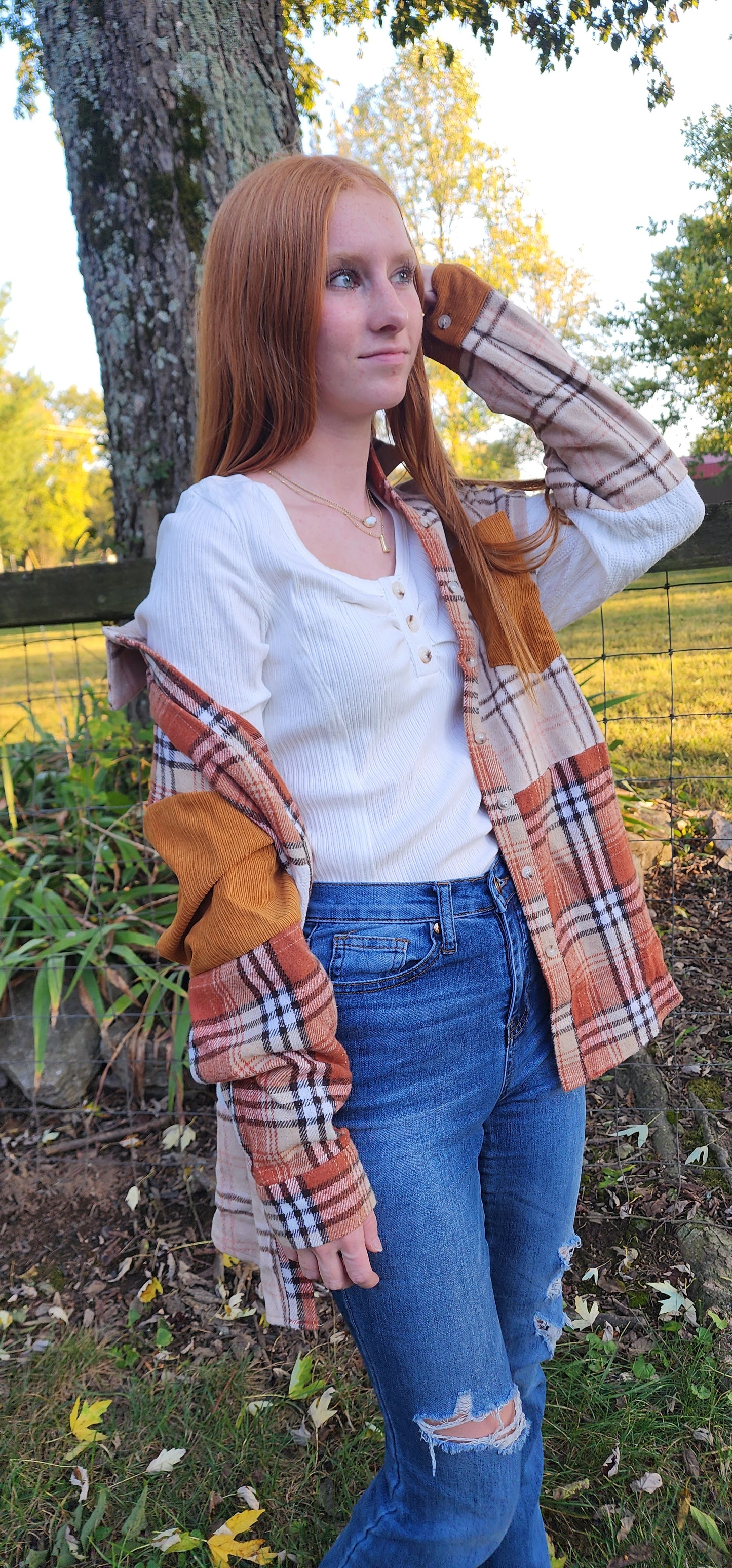 Orange Plaid Color Block Patchwork Shirt Jacket with Pocket