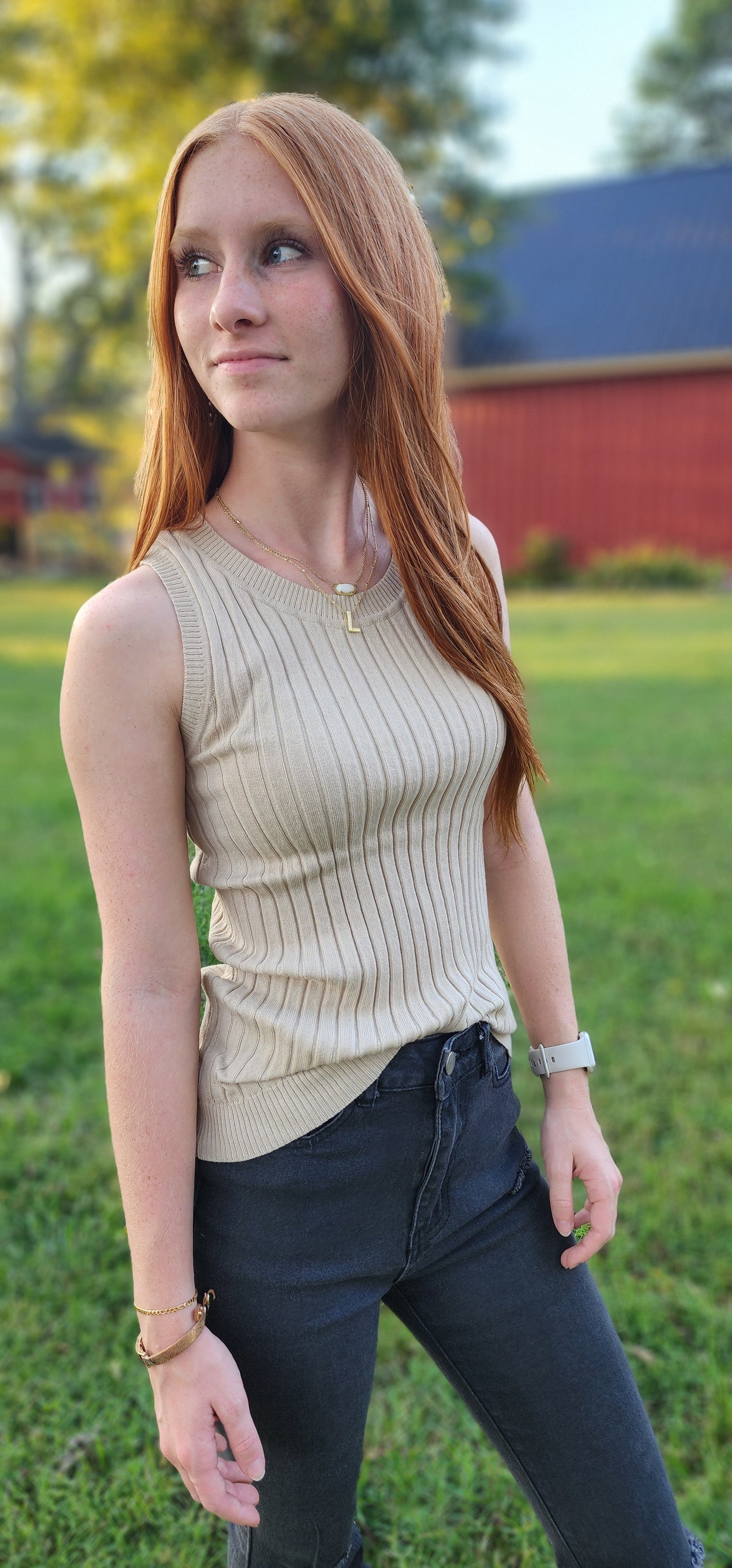 Apricot Ribbed Knit Crew Neck Tank (Apparel, Large, Apricot)