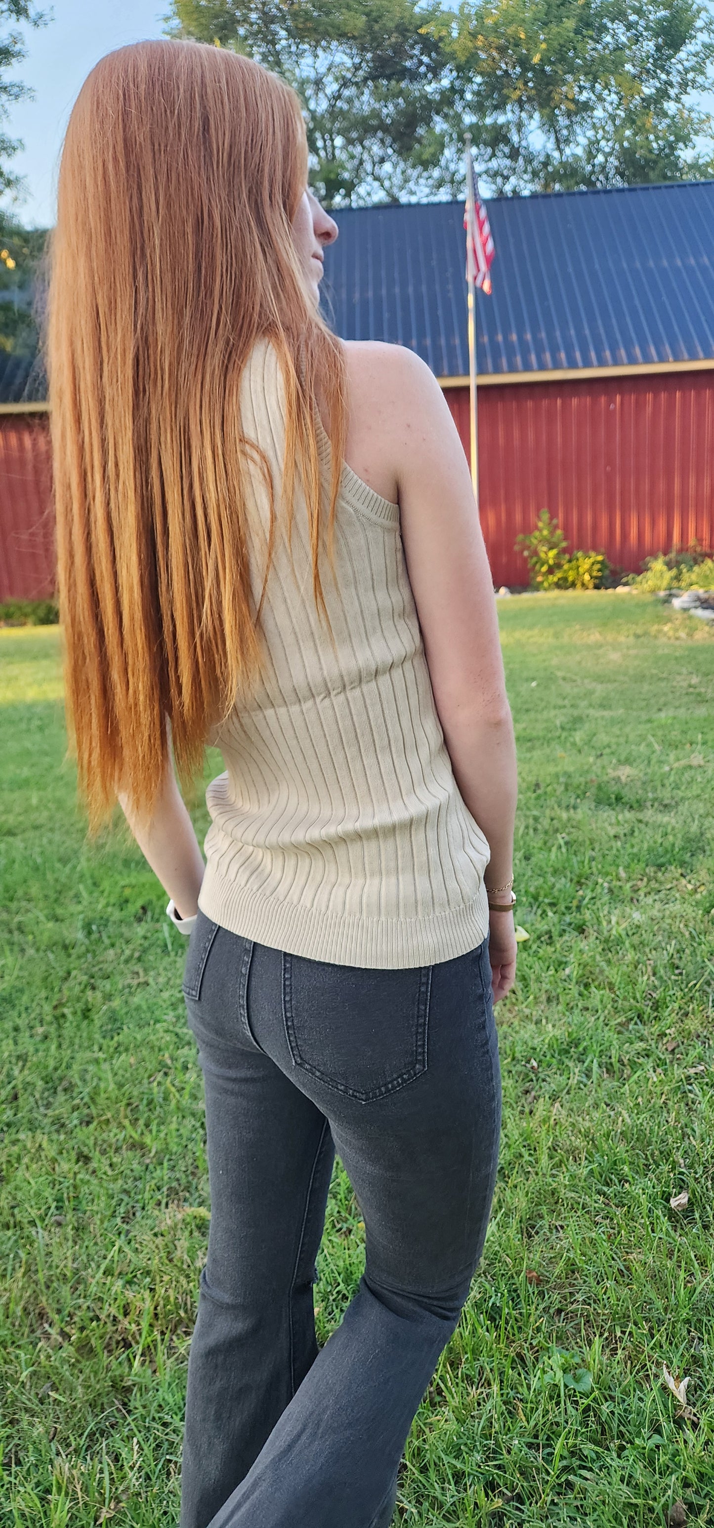 Apricot Ribbed Knit Crew Neck Tank (Apparel, Large, Apricot)