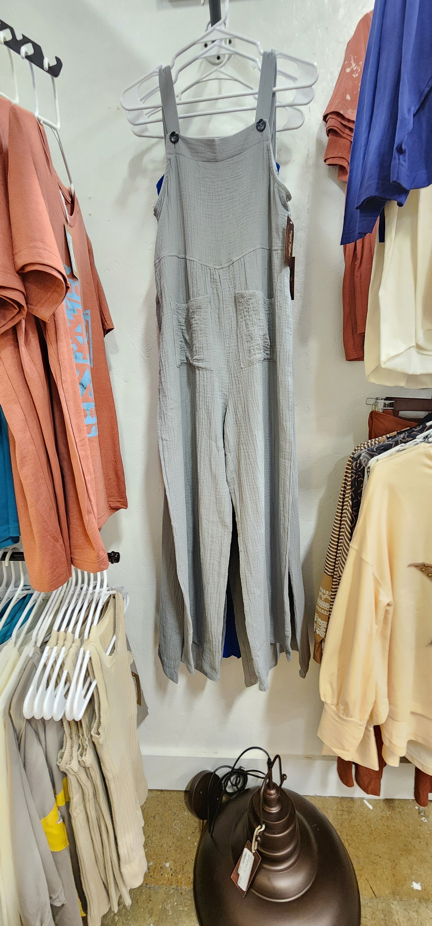 Gray Textured Wide Leg Overall with Pockets