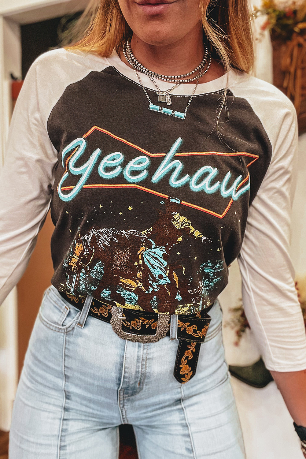 Brown Western Yeehaw Graphic Vintage Raglan Long Sleeve Top