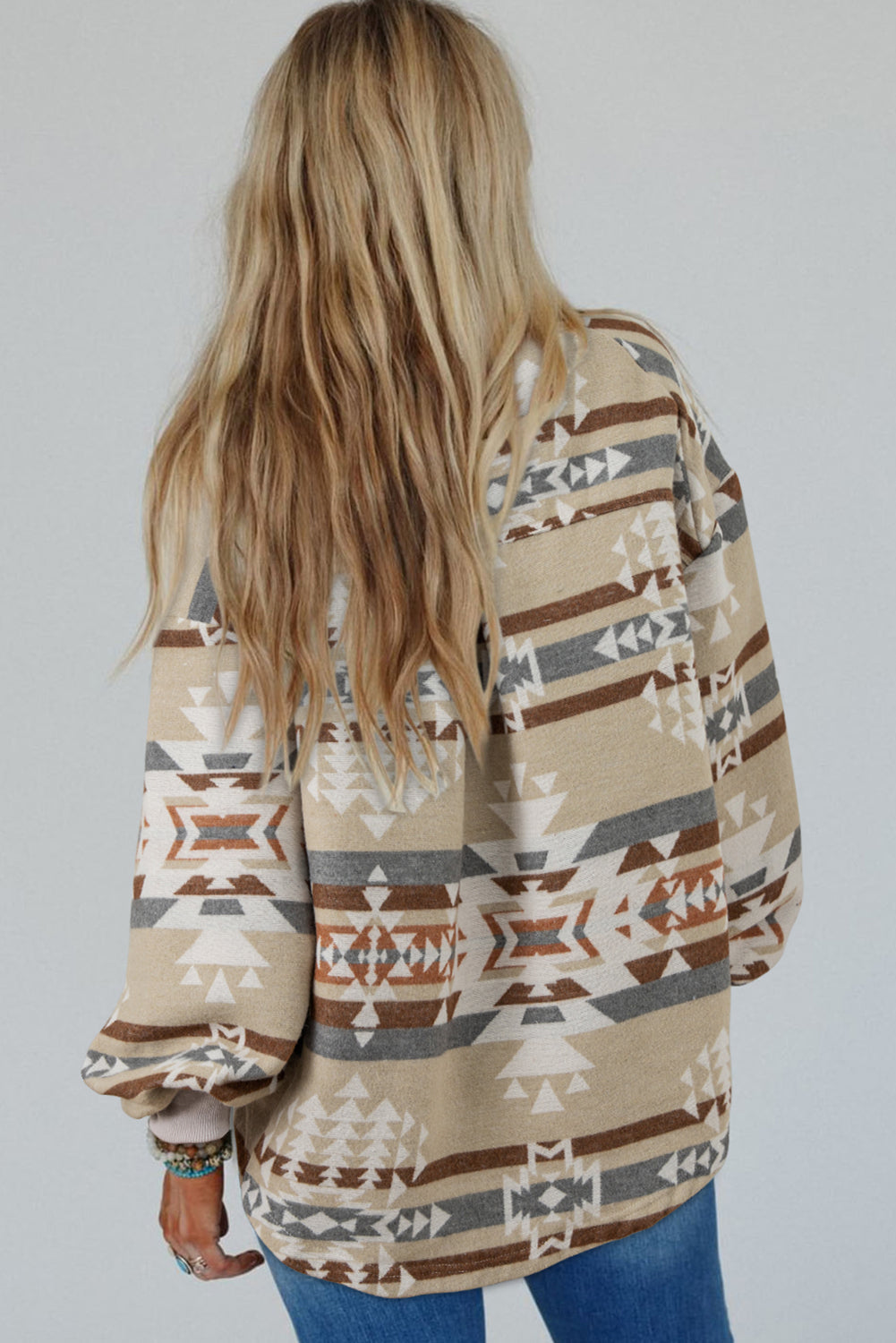 Apricot Aztec Print Collared Flap Pocket Sweatshirt