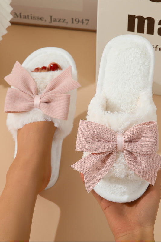 White Bow Knot, Open Toe Plush Slippers