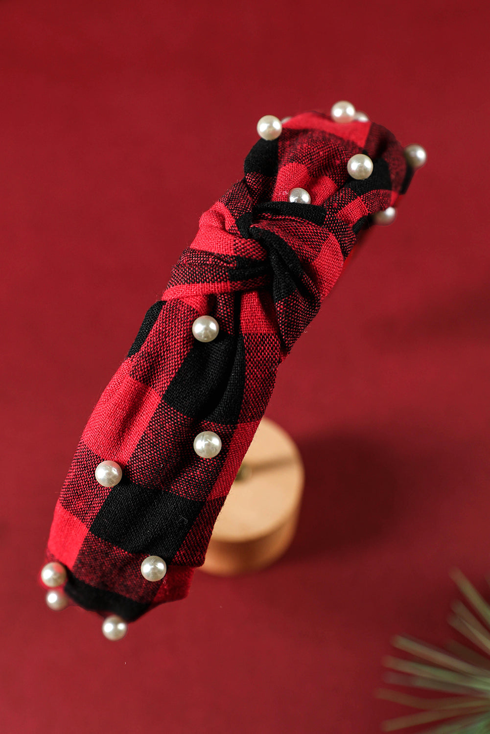 Red Dahlia Pearl Plaid Headband