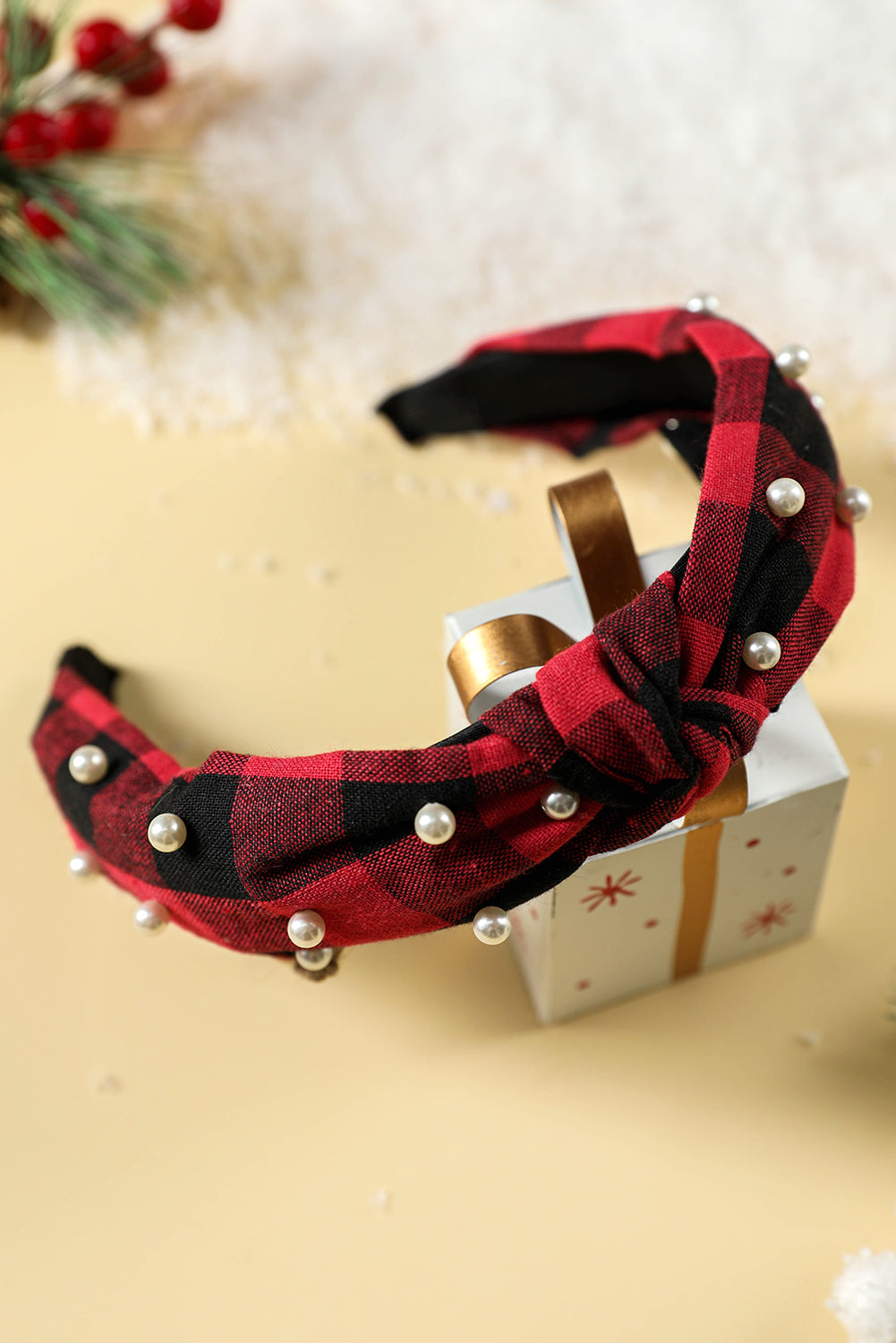 Red Dahlia Pearl Plaid Headband