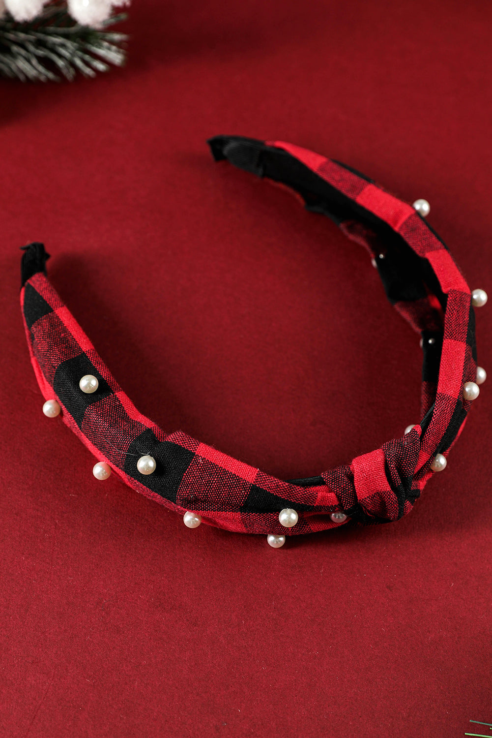 Red Dahlia Pearl Plaid Headband