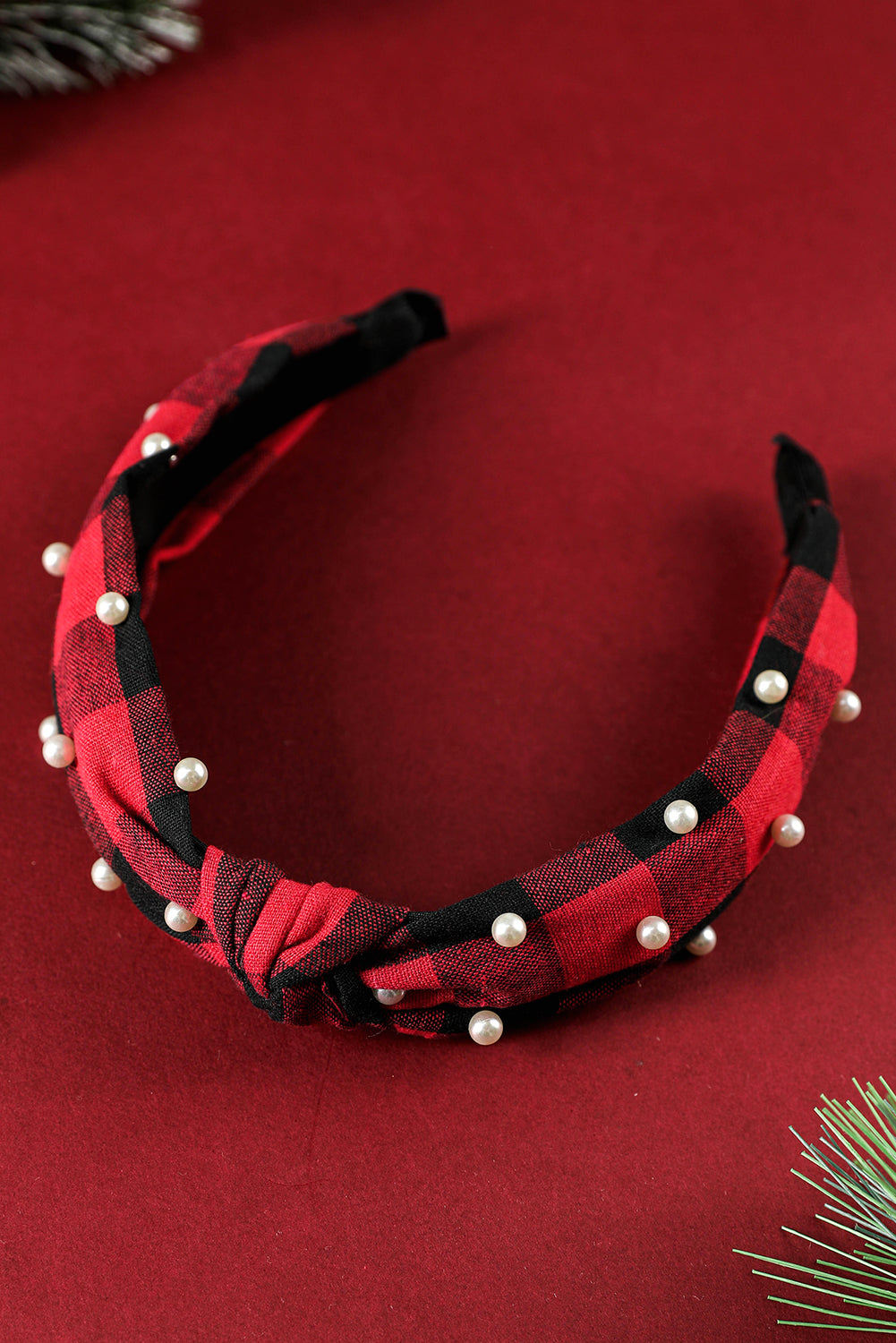 Red Dahlia Pearl Plaid Headband