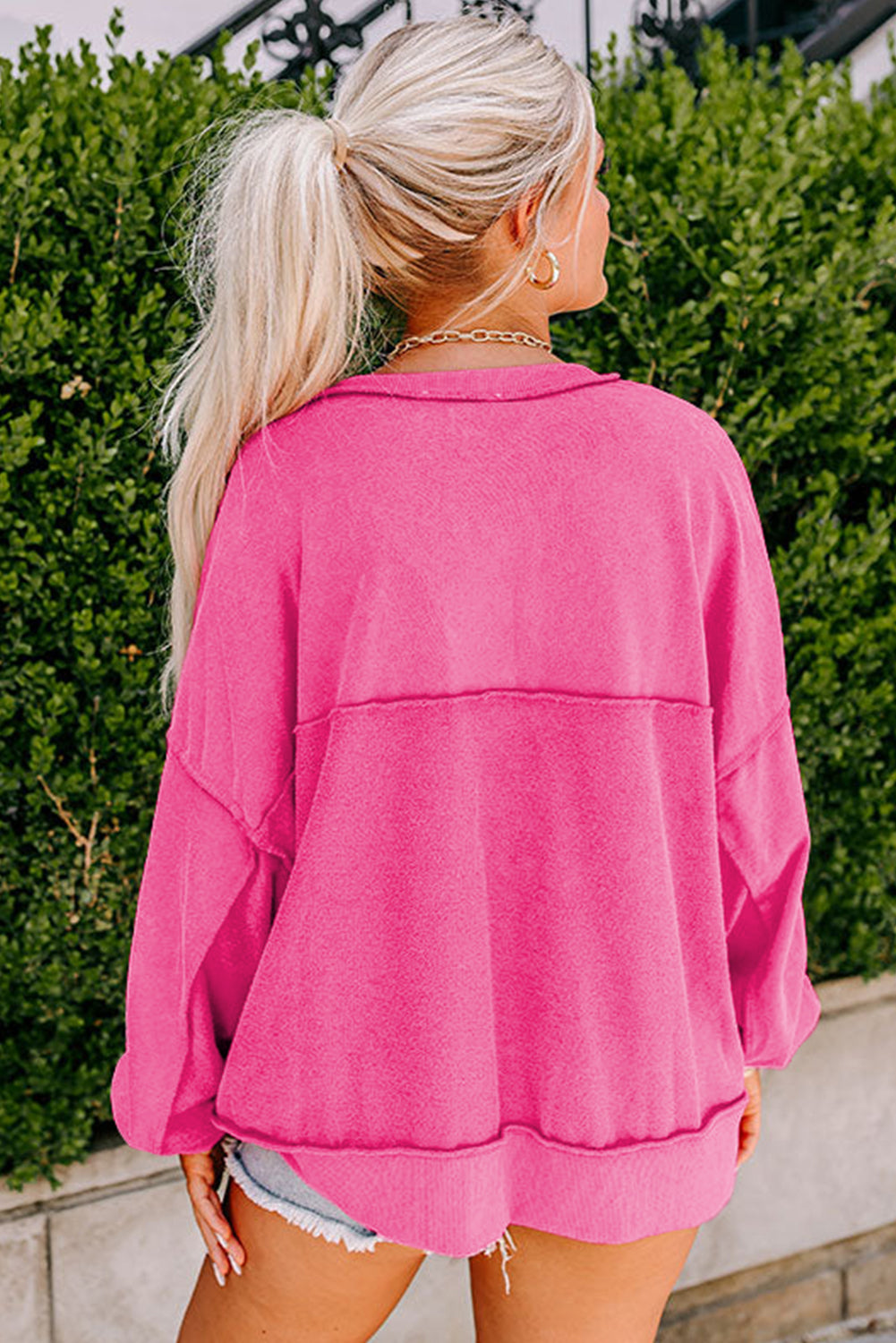 Drop Shoulder Henley Buttons Sweatshirt - Pink