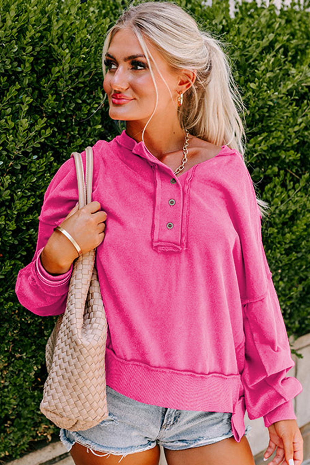 Drop Shoulder Henley Buttons Sweatshirt - Pink