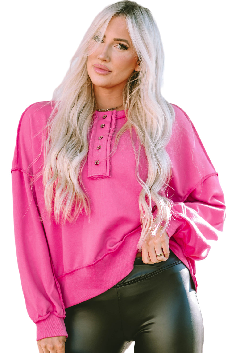 Drop Shoulder Henley Buttons Sweatshirt - Pink