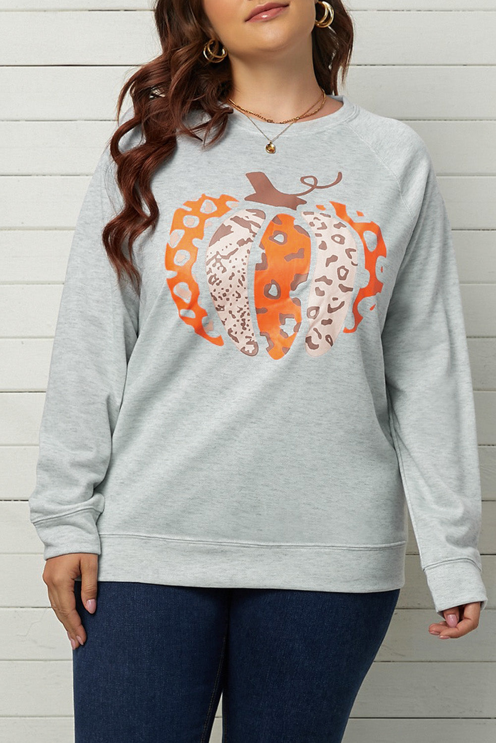 Gray Pumpkin Leopard Print Plus Size Sweatshirt