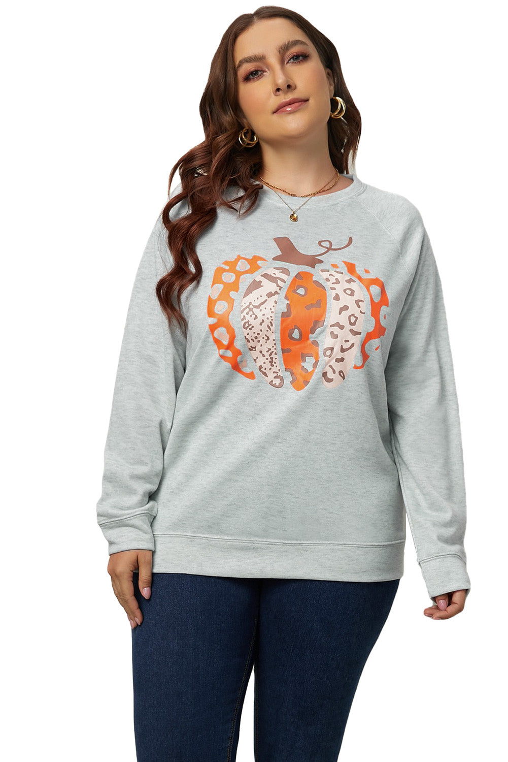 Gray Pumpkin Leopard Print Plus Size Sweatshirt