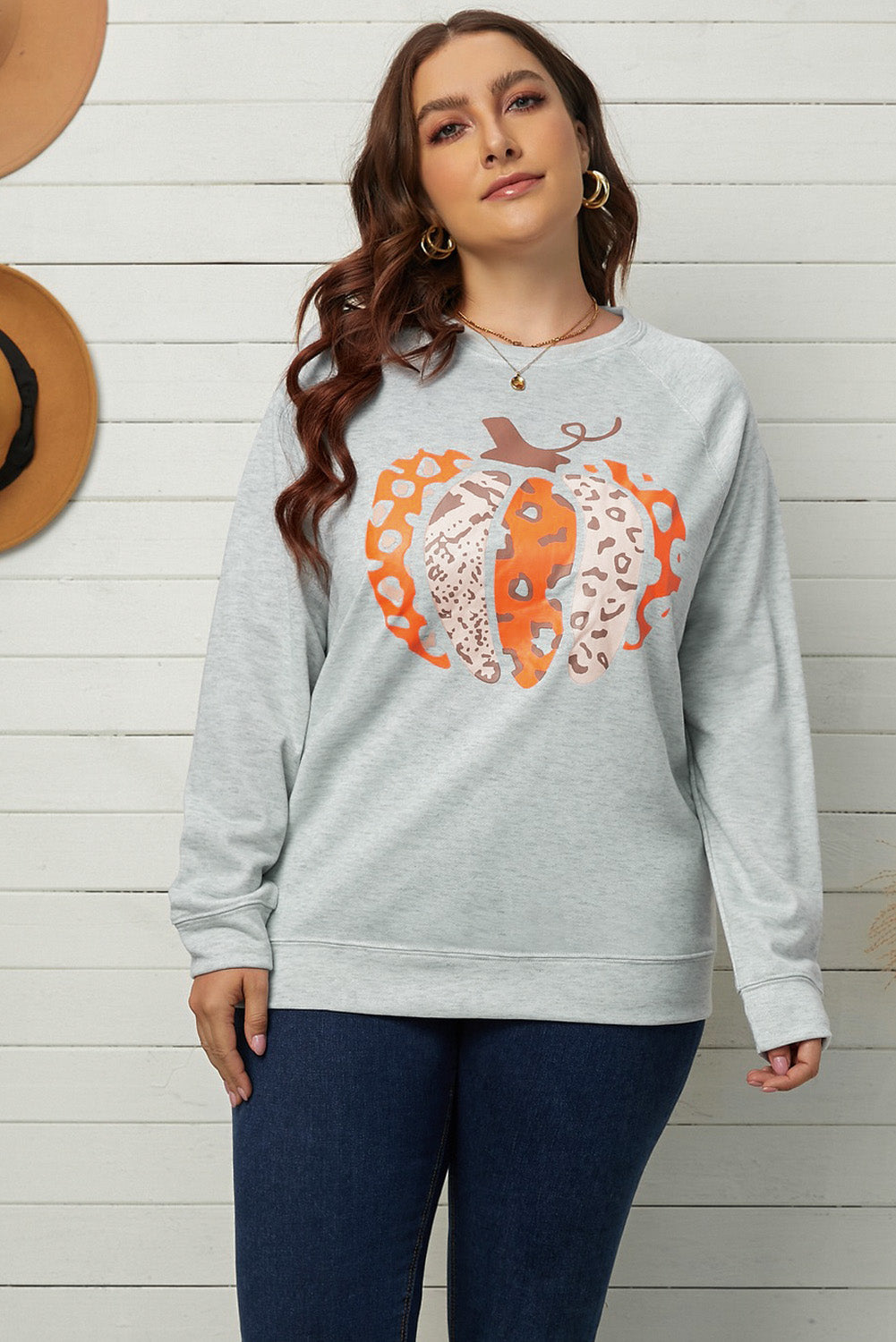 Gray Pumpkin Leopard Print Plus Size Sweatshirt