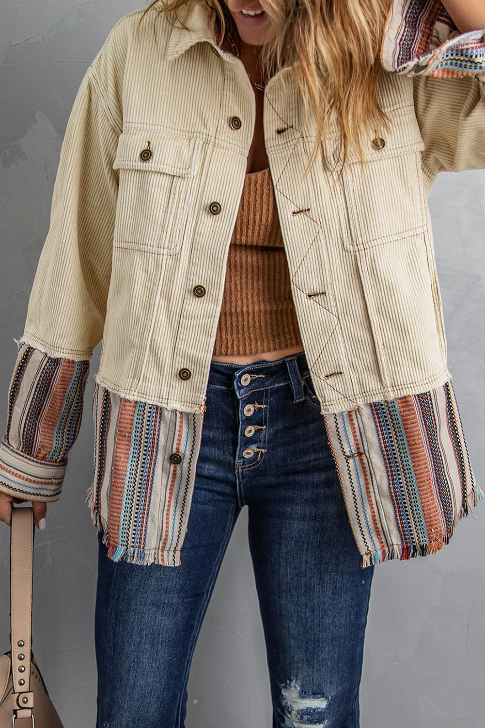 Striped Color Block Corduroy Jacket