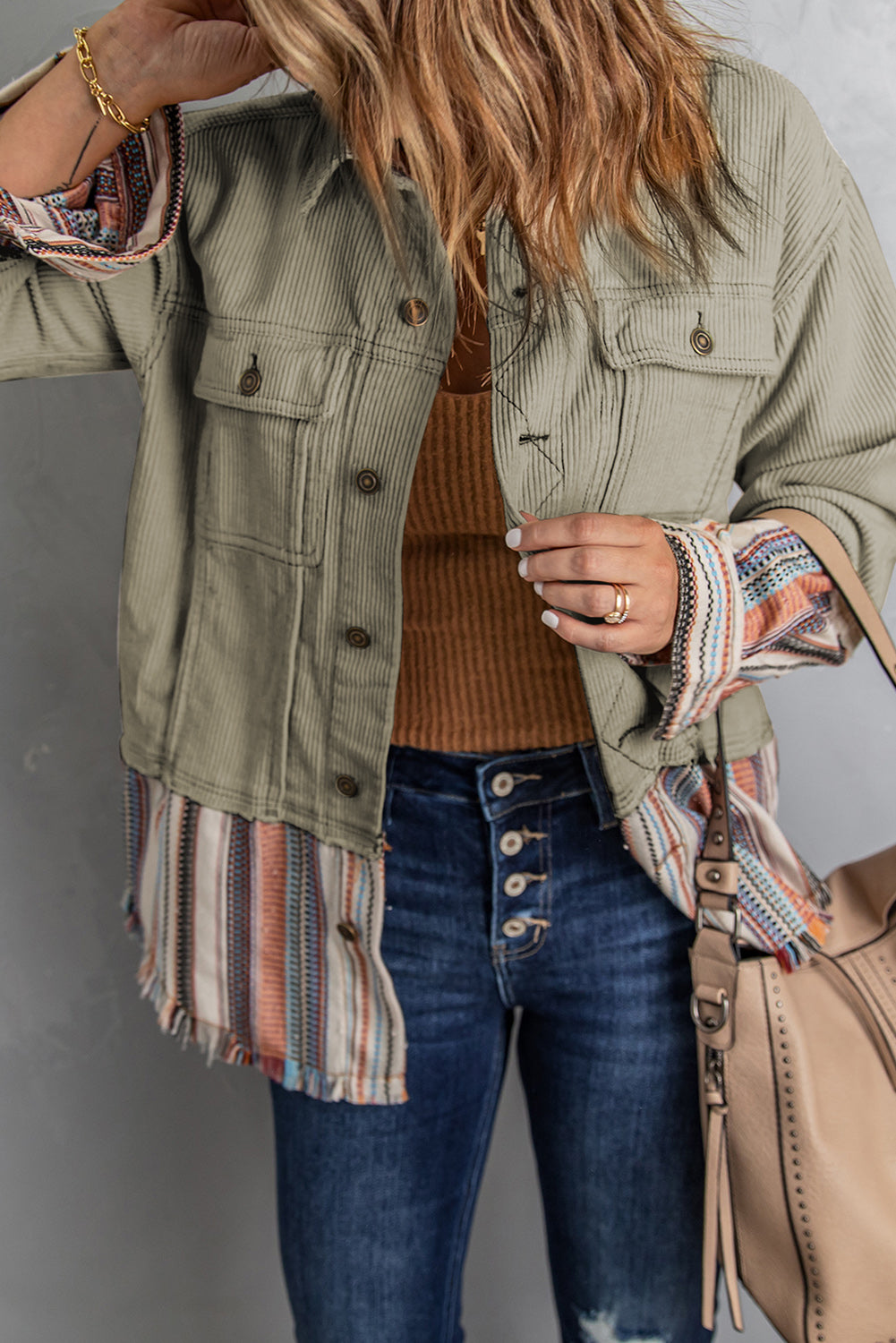 Striped Color Block Corduroy Jacket - Green