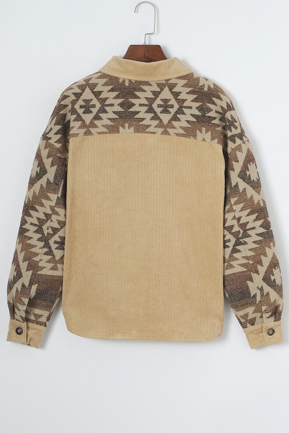 Khaki Aztec Print Patchwork Frayed Edge Corduroy Jacket