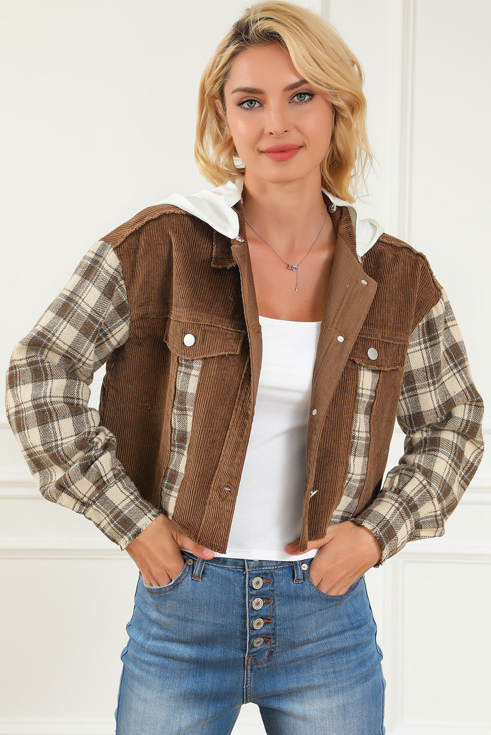 Brown Plaid Patchwork Distressed Hooded Cropped Jacket