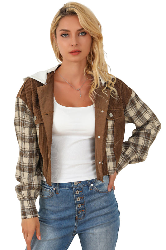 Brown Plaid Patchwork Distressed Hooded Cropped Jacket