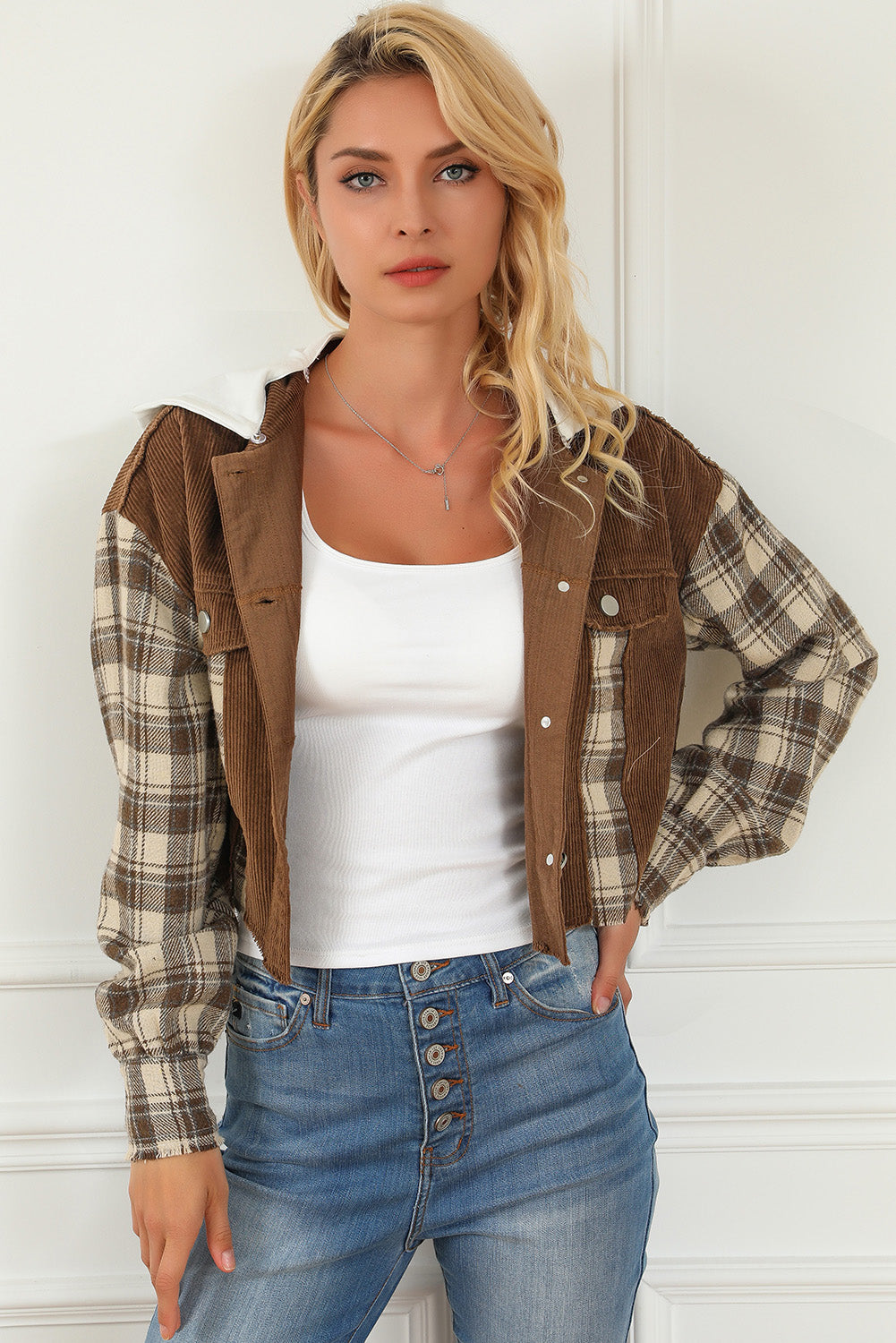 Brown Plaid Patchwork Distressed Hooded Cropped Jacket