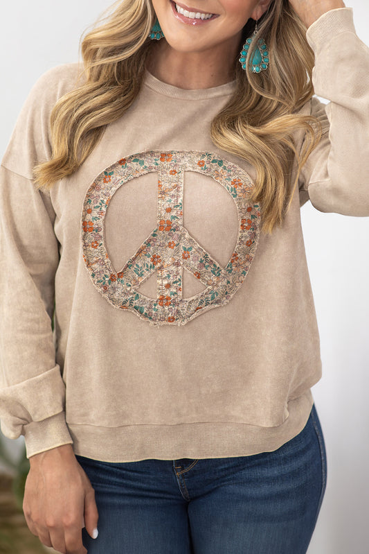 Pale Khaki Floral Peace Sign Graphic Washed Terry Plus Size Sweatshirt