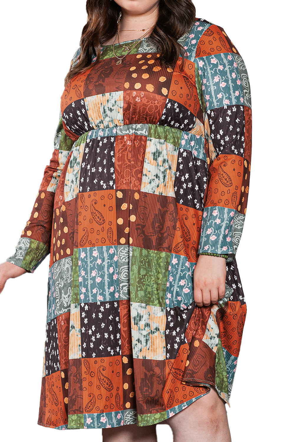 Green Printed Multicolor Western Checkered Plus Size Swing Dress