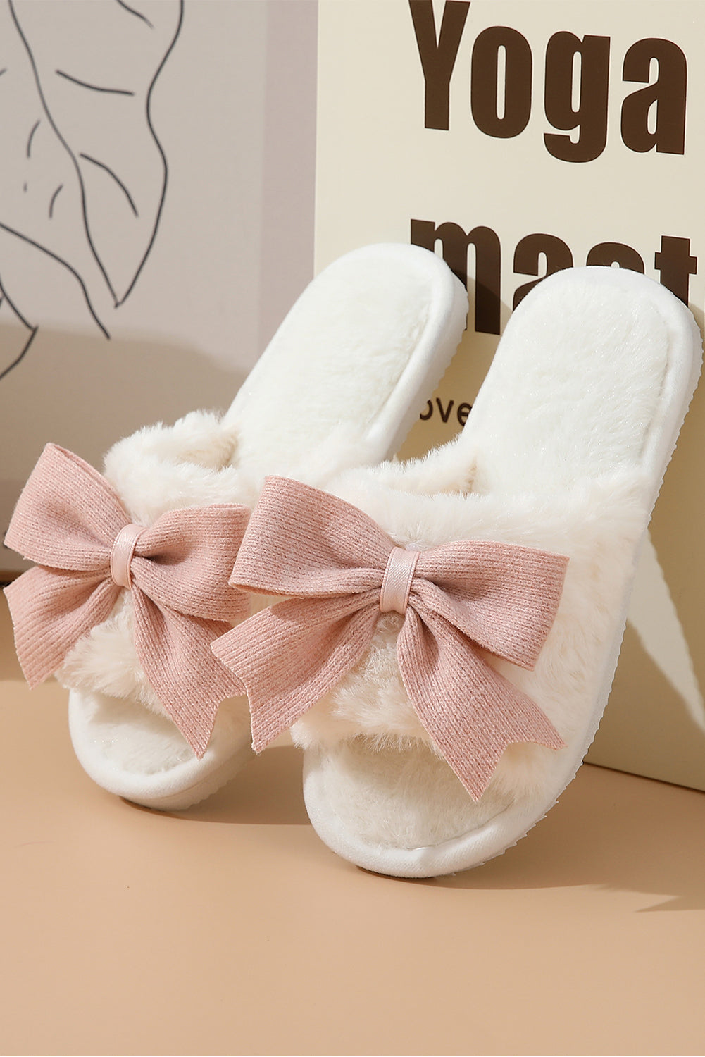 White Bow Knot, Open Toe Plush Slippers