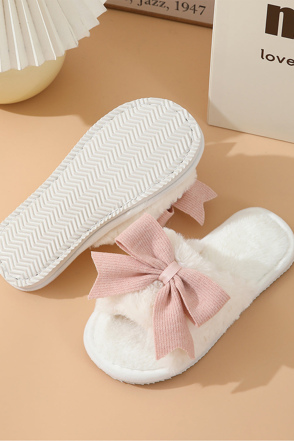 White Bow Knot, Open Toe Plush Slippers